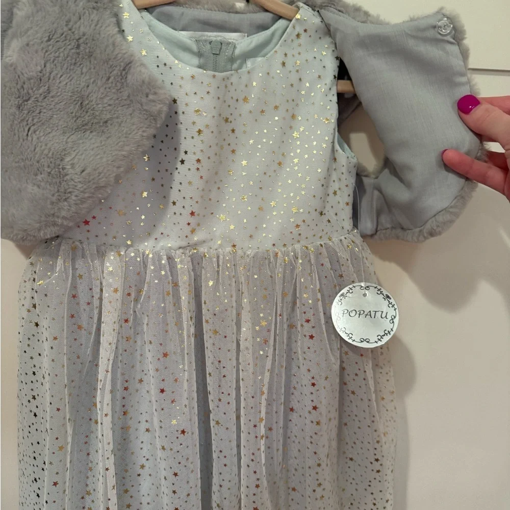 Popatu Starry Blue Dress with metallic stars and removable faux fur grey vest